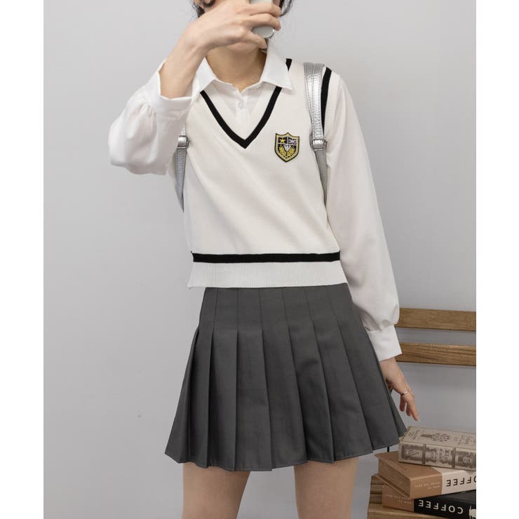 ベストレイヤードシャツ+プリーツミニスカート セットアップ[品番