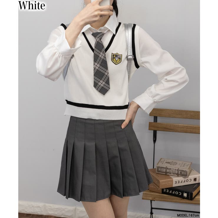 大人 可愛い 服  ベストレイヤードシャツ+プリーツミニスカート セットアップ トップス