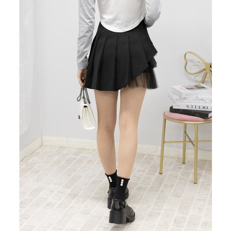 サイドチュールフリル インパン付 プリーツミニスカート[品番
