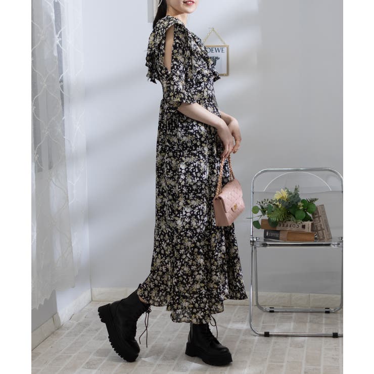 花柄 肩あき フリル袖 ロングワンピース[品番：PPNW0004165