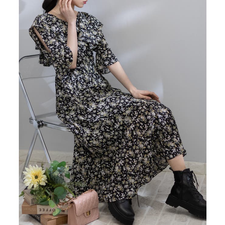 充実の品 花柄 肩あき フリル袖 ロングワンピース[品番：PPNW0004165 ワンピース