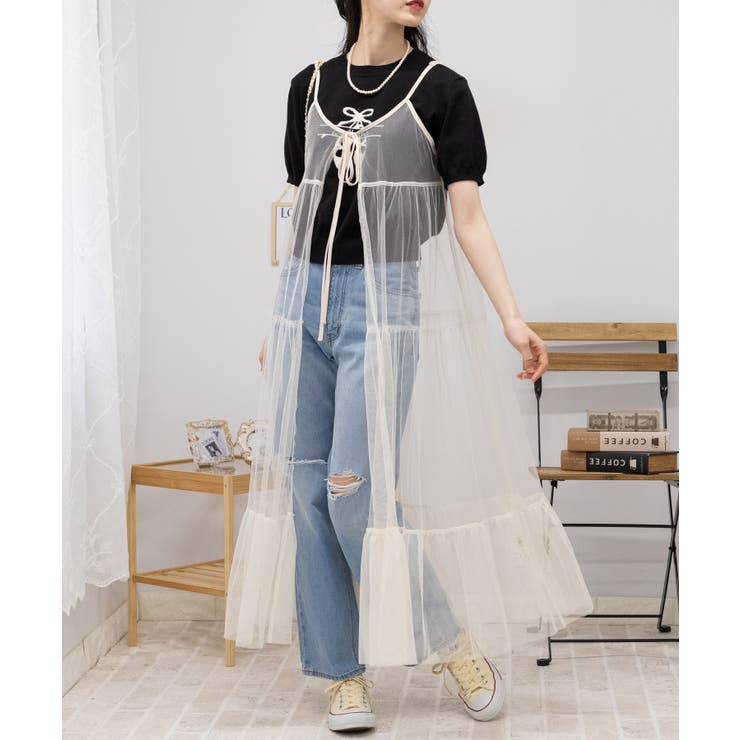 ハンドメイド ヘリンボーンツイードリボン ティアードワンピース 前