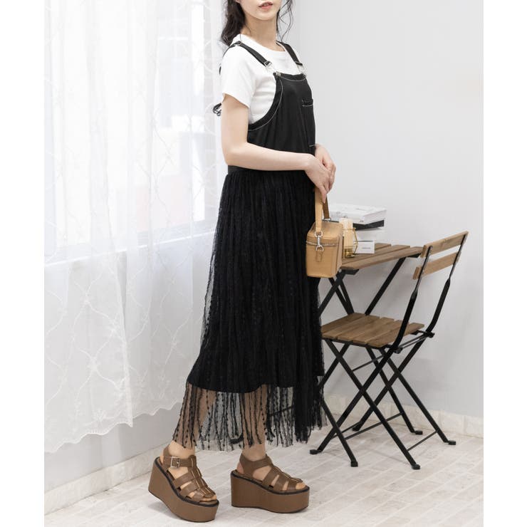 花柄刺繍チュール サロペット ロングワンピース[品番