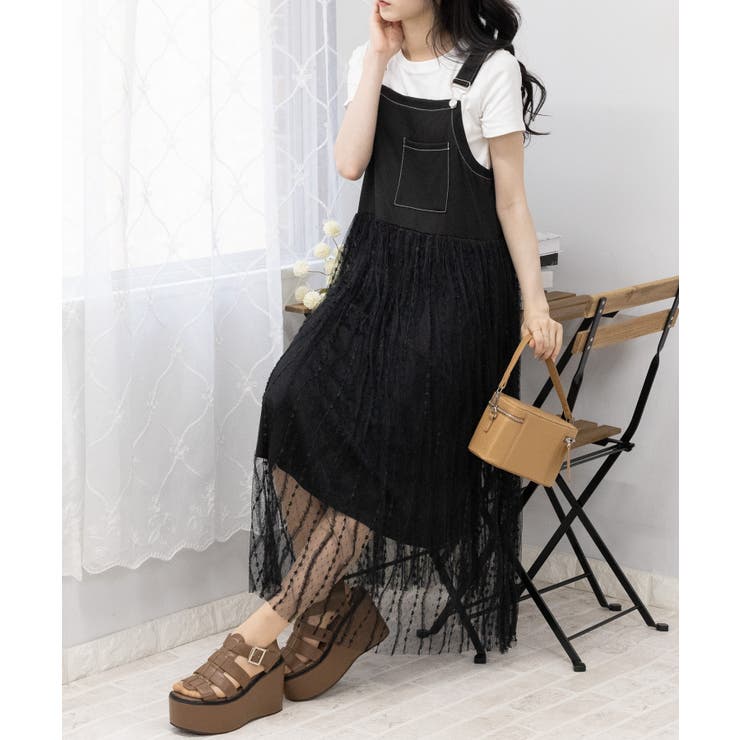 花柄刺繍チュール サロペット ロングワンピース[品番