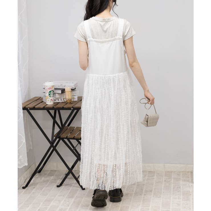 花柄刺繍チュール サロペット ロングワンピース[品番
