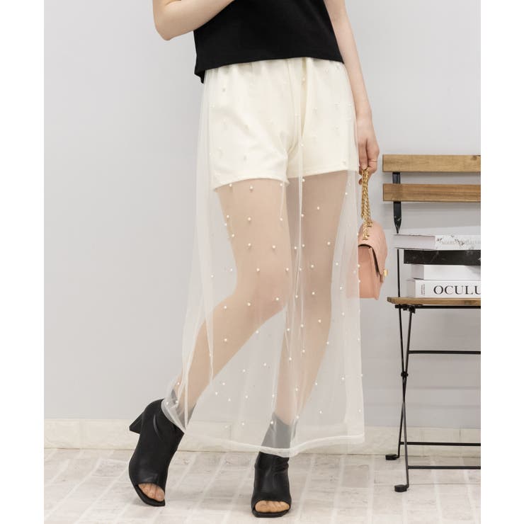 パール付チュール インパン付 ロングスカート[品番：PPNW0004239