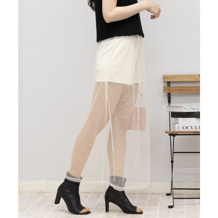 パール付チュール インパン付 ロングスカート[品番：PPNW0004239