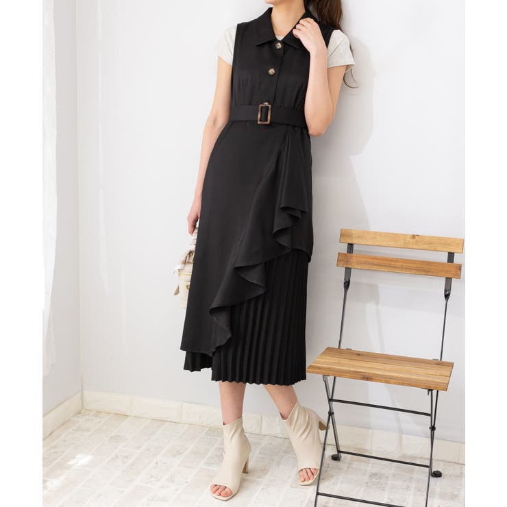 プリーツ使いアシンメトリー ロングワンピース[品番