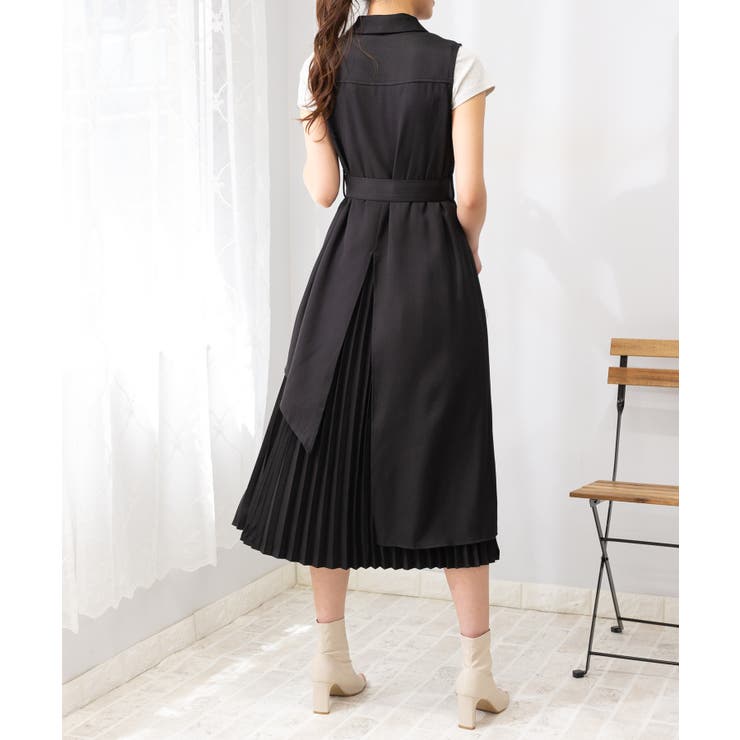 プリーツ使いアシンメトリー ロングワンピース[品番