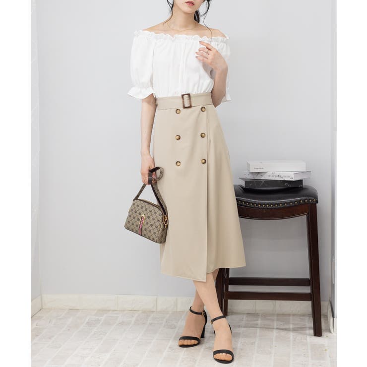 オフショルブラウス+トレンチスカート ドッキングワンピース[品番  