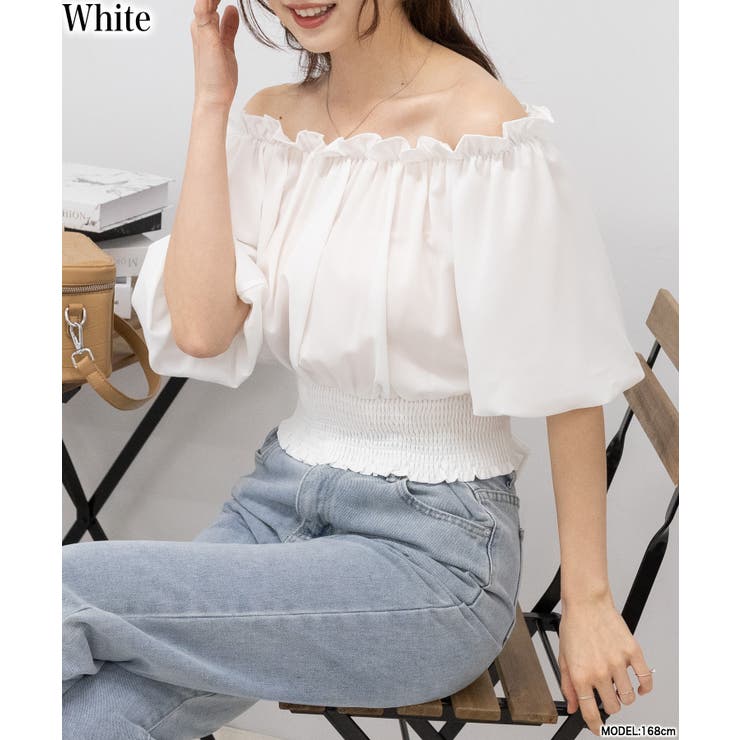 BACKリボン バルーン袖オフショルダー ブラウス[品番：PPNW0004262 