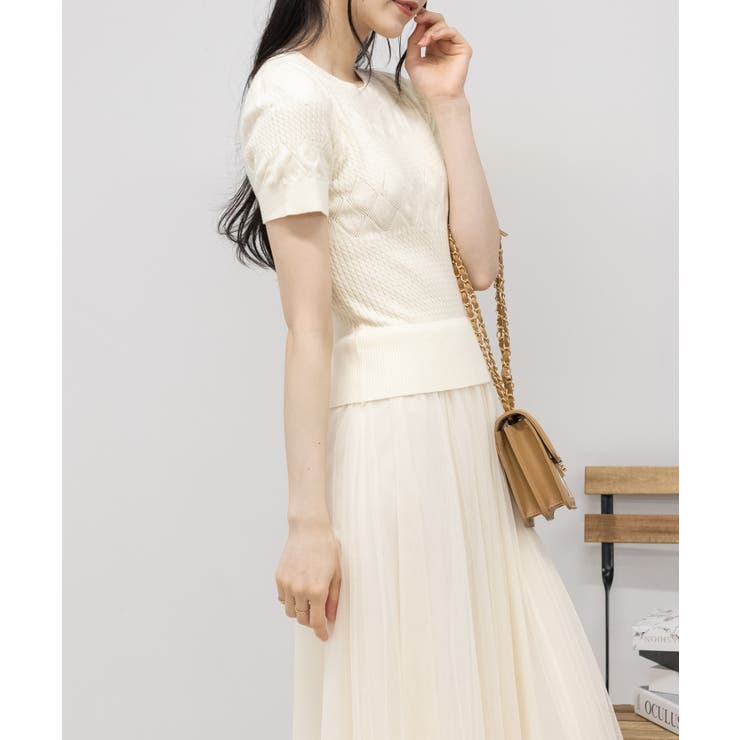 透かし半袖ニット+チュールロングスカート ドッキングロングワンピース