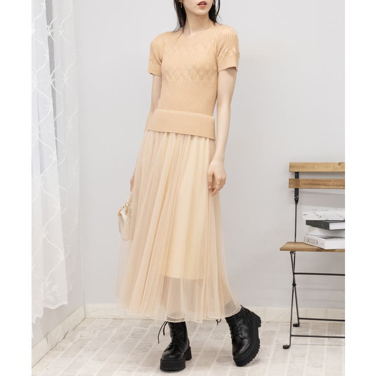 上品コーデはコレで安心！ 透かし半袖ニット+チュールロングスカート ドッキングロング Mサイズ
