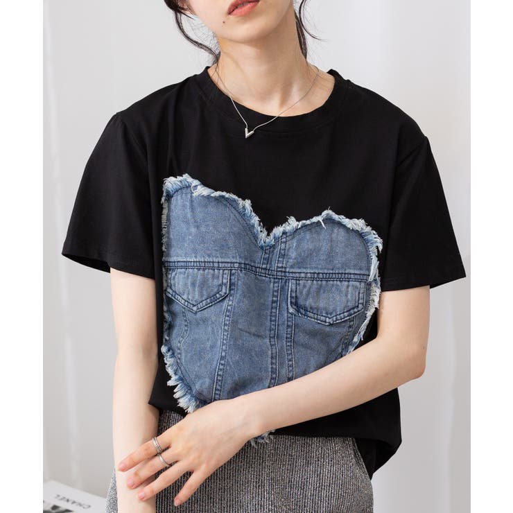 フリンジデニムハート の半袖Tシャツ[品番：PPNW0004297