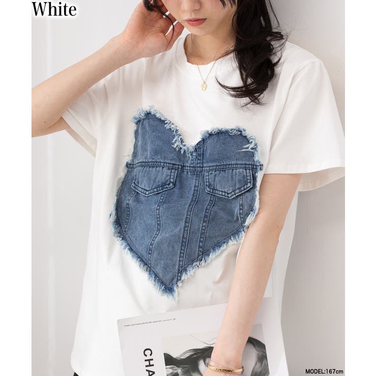 フリンジデニムハート の半袖Tシャツ[品番：PPNW0004297