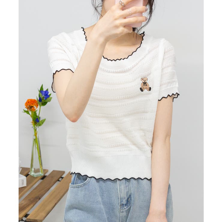 くまちゃん刺繍 半袖ニット[品番：PPNW0004327]｜Pumpkin Port