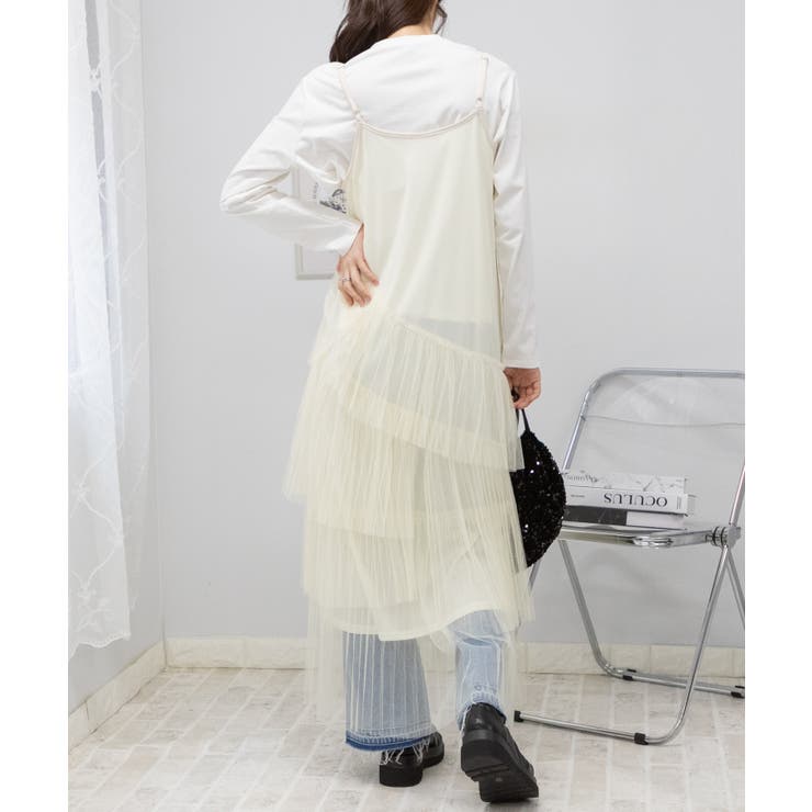 段プリーツ チュール キャミロングワンピース[品番：PPNW0004400