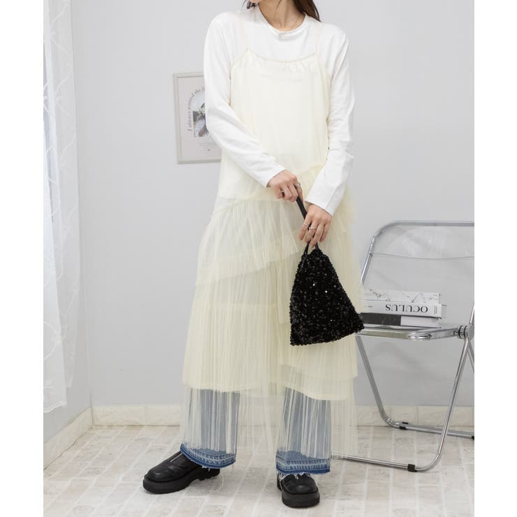 段プリーツ チュール キャミロングワンピース[品番：PPNW0004400