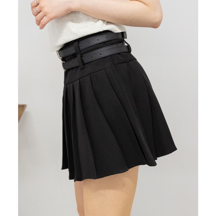 インパン付 Wベルト プリーツミニスカート[品番：PPNW0004353