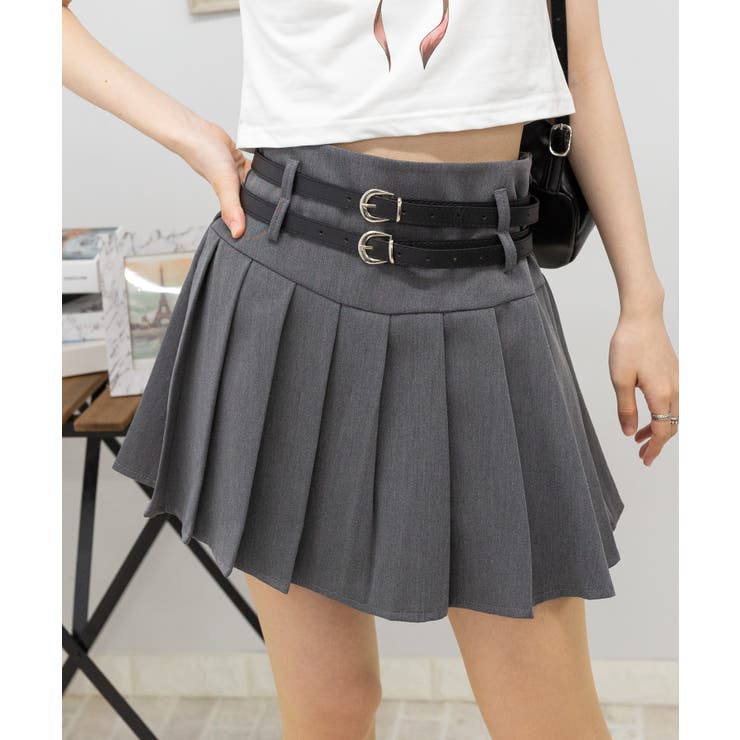 インパン付 Wベルト プリーツミニスカート[品番：PPNW0004353