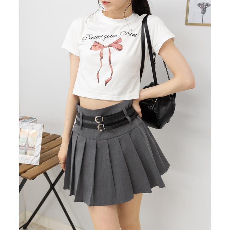 インパン付 Wベルト プリーツミニスカート[品番：PPNW0004353