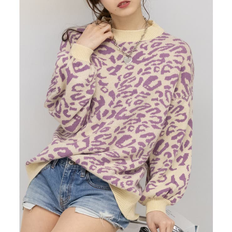ヒョウ柄 ボリューム袖 ニット プルオーバー トップス[品番