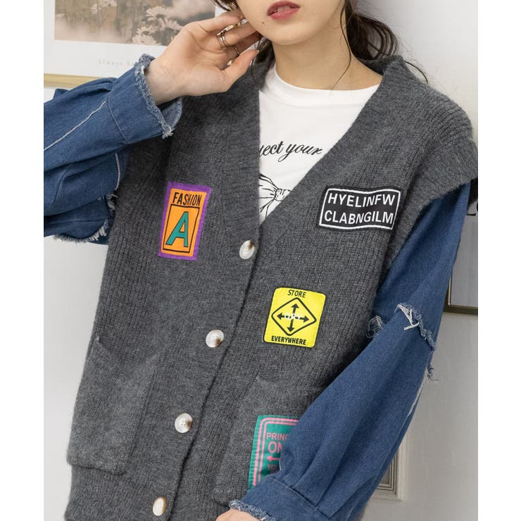 デニム袖切替 ワッペン付き Vネック カーディガン[品番：PPNW0004488