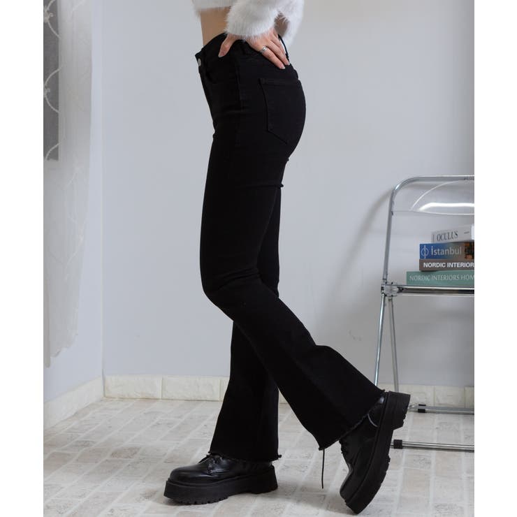 ストレッチ カットオフデザイン ブーツカットデニムパンツ[品番