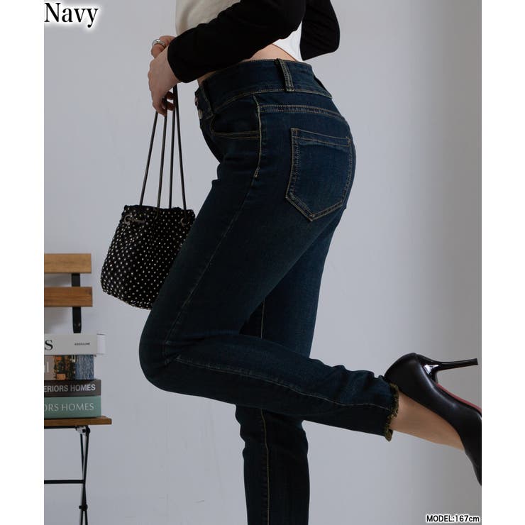 ダブルボタン ストレッチ ハイウエスト スキニーデニムパンツ