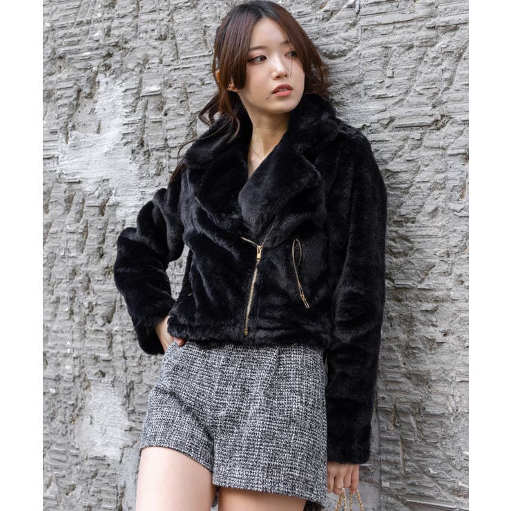 黒いフェイクファーライダースジャケット Mサイズ ファーライダースジャケットフェイクレザー[品番：AGCW0006149