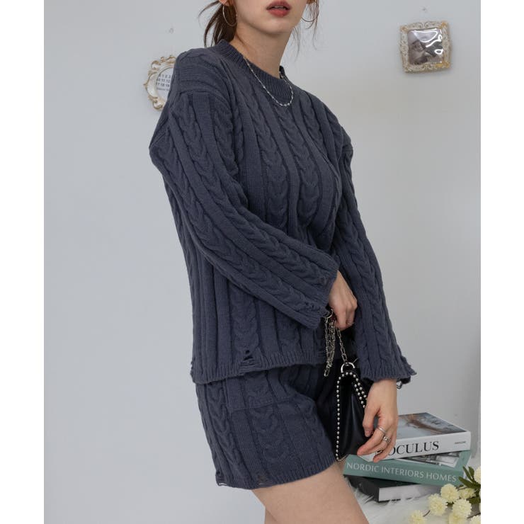 人気☆新品☆送料込☆ケーブルニットセータートップスパンツセットアップ☆黒ブラック ニット セーター ケーブル編みオーバーサイズ トップス＋ショート