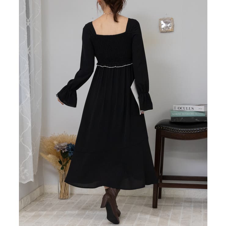 バイカラーパイピング 胸元リボン ワンピース[品番：PPNW0004542