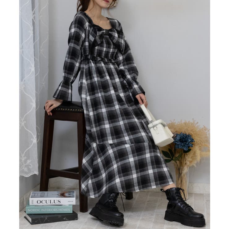 チェック柄 胸元パイピングリボン ワンピース[品番：PPNW0004543