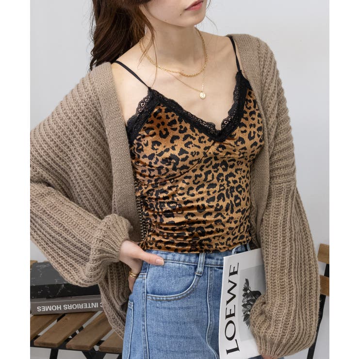 ヒョウ柄ベロアリボン付きカップ付キャミソール[品番
