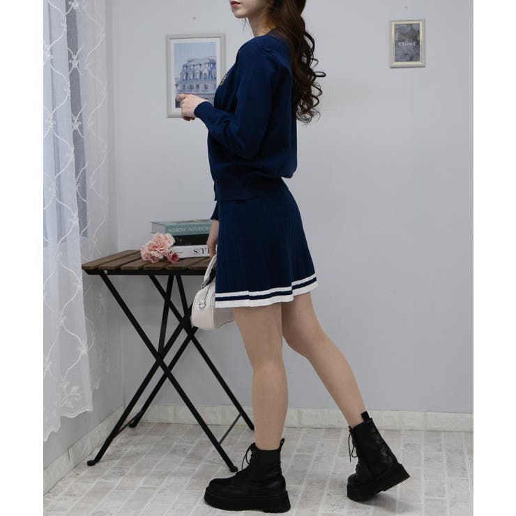 ニットカーデ+ミニプリーツスカート セットアップ[品番：PPNW0004612