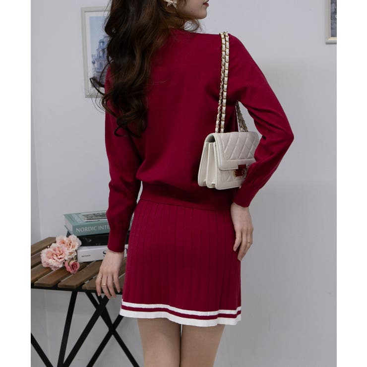 ニットカーデ+ミニプリーツスカート セットアップ[品番：PPNW0004612