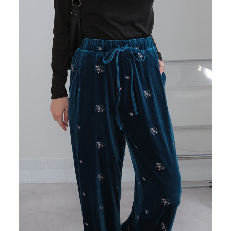 花柄刺繍 ベロア イージーワイド パンツ（裏地付き） | Pumpkin  Port | 詳細画像16 