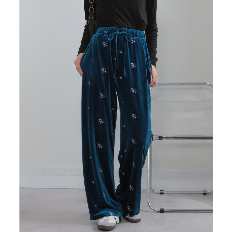 花柄刺繍 ベロア イージーワイド パンツ（裏地付き） | Pumpkin  Port | 詳細画像18 