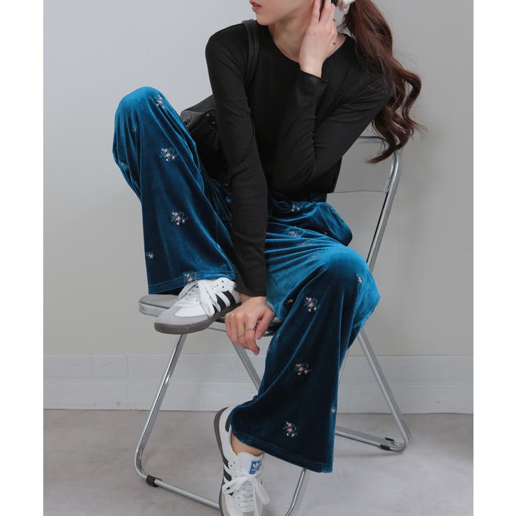 花柄刺繍 ベロア イージーワイド パンツ（裏地付き） | Pumpkin  Port | 詳細画像22 