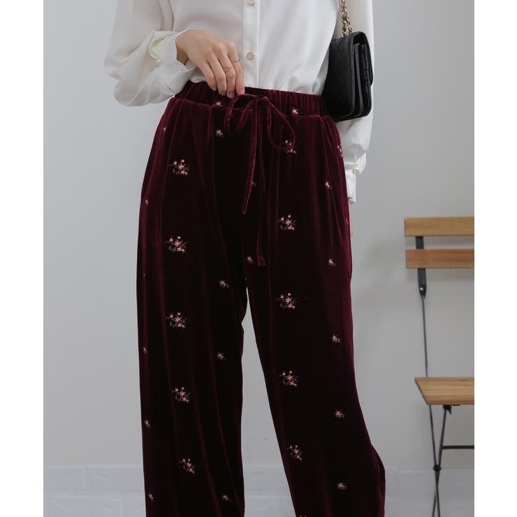 花柄刺繍 ベロア イージーワイド パンツ（裏地付き） | Pumpkin  Port | 詳細画像23 
