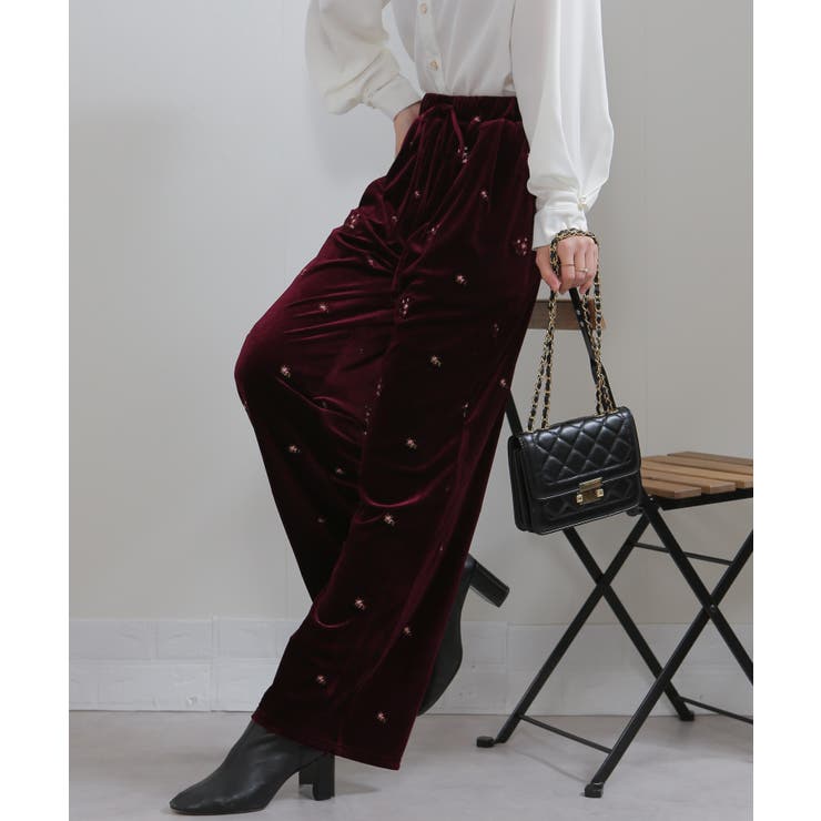 花柄刺繍 ベロア イージーワイド パンツ（裏地付き） | Pumpkin  Port | 詳細画像30 