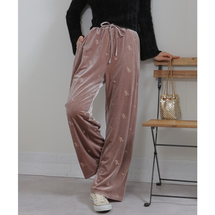 花柄刺繍 ベロア イージーワイド パンツ（裏地付き） | Pumpkin  Port | 詳細画像39 