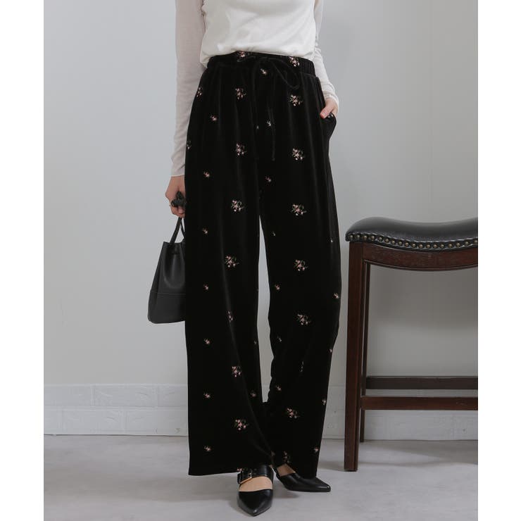 花柄刺繍 ベロア イージーワイド パンツ（裏地付き） | Pumpkin  Port | 詳細画像5 