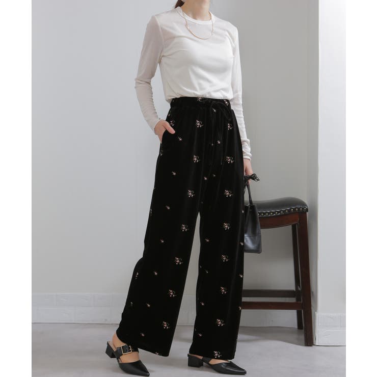 花柄刺繍 ベロア イージーワイド パンツ（裏地付き） | Pumpkin  Port | 詳細画像6 