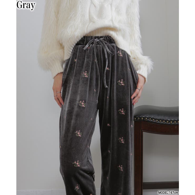 グレー | 花柄刺繍 ベロア イージーワイド パンツ（裏地付き） | Pumpkin  Port