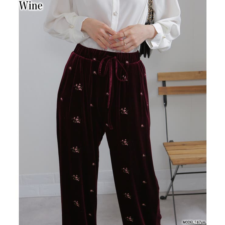 ワインレッド | 花柄刺繍 ベロア イージーワイド パンツ（裏地付き） | Pumpkin  Port