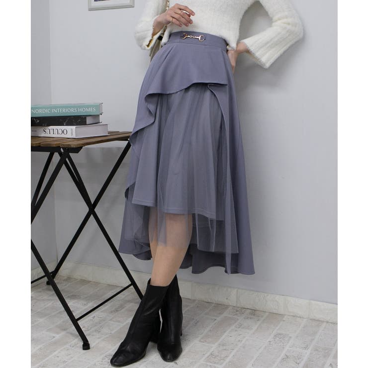 4726【美品】パラスパレス　十日 サイドタックロングスカート アシンメトリー 大きいサイズ 裾チュールタックギャザーロングスカート シック