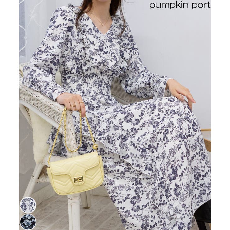 フリルデザイン 花柄 ロングワンピース[品番：PPNW0004603