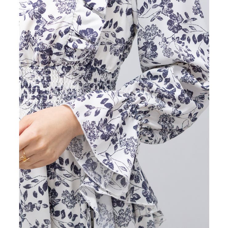 フリルデザイン 花柄 ロングワンピース[品番:PPNW0004603 フリルデザイン 花柄 ロングワンピース[品番:PPNW0004603