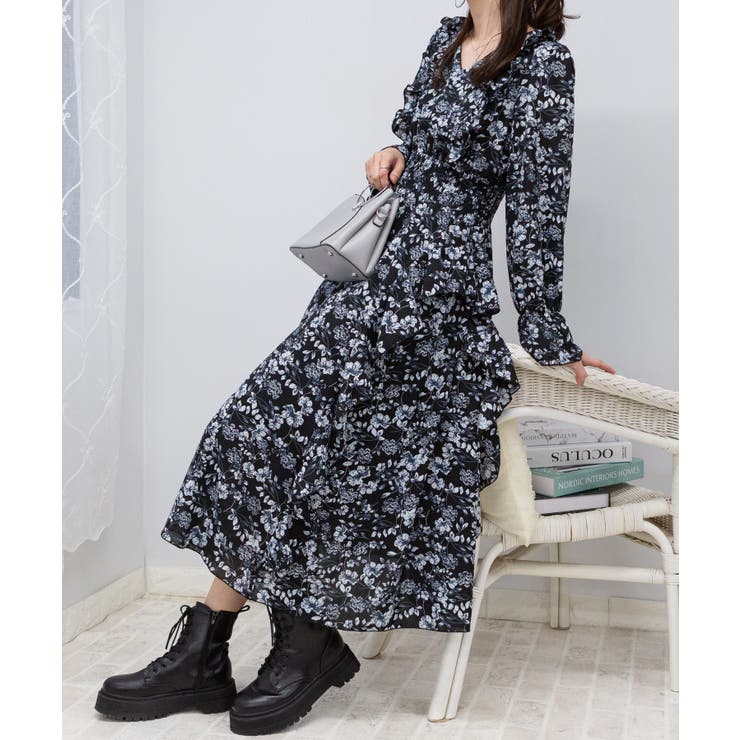 フリルデザイン 花柄 ロングワンピース[品番：PPNW0004603]｜Pumpkin